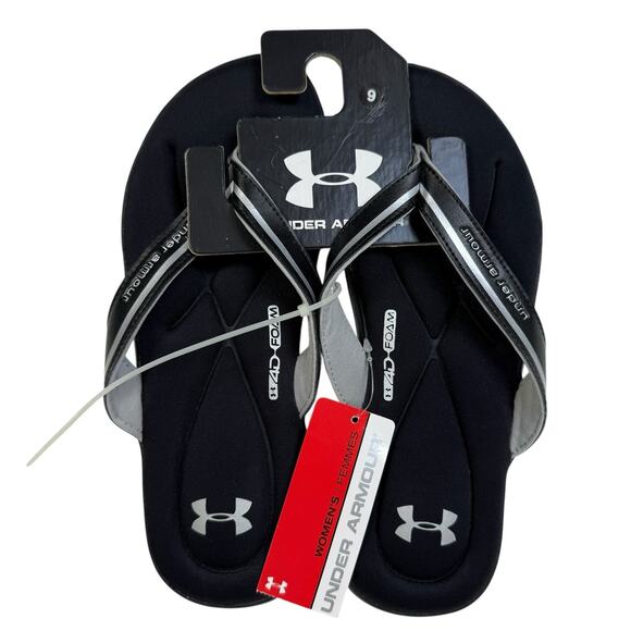 NWT Under Armour Womens Marbella III Thong Sandals Flip Flops Sz 9 Black Silver - Picture 1 of 7